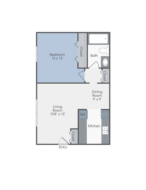 Floor plan for 1 bed, 1 bath, 650 sqft